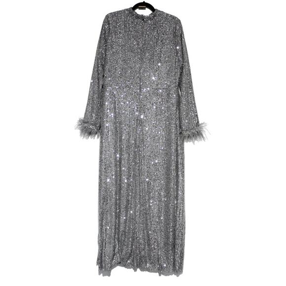 Arma Cool Silver Glitter Sequin Long Sleeve Maxi Dress Size 16 - Picture 6 of 12